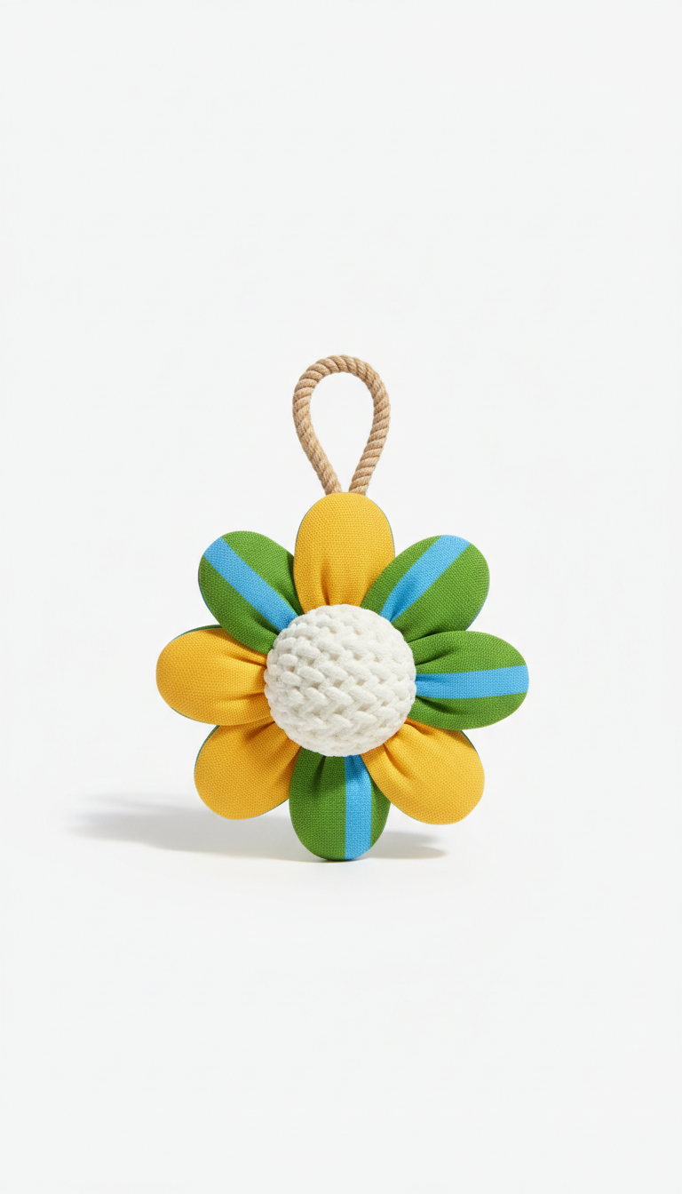 A stylish pet toy, crafted from eco-friendly materials, centered on a clean, bright background. The toy features vibrant...