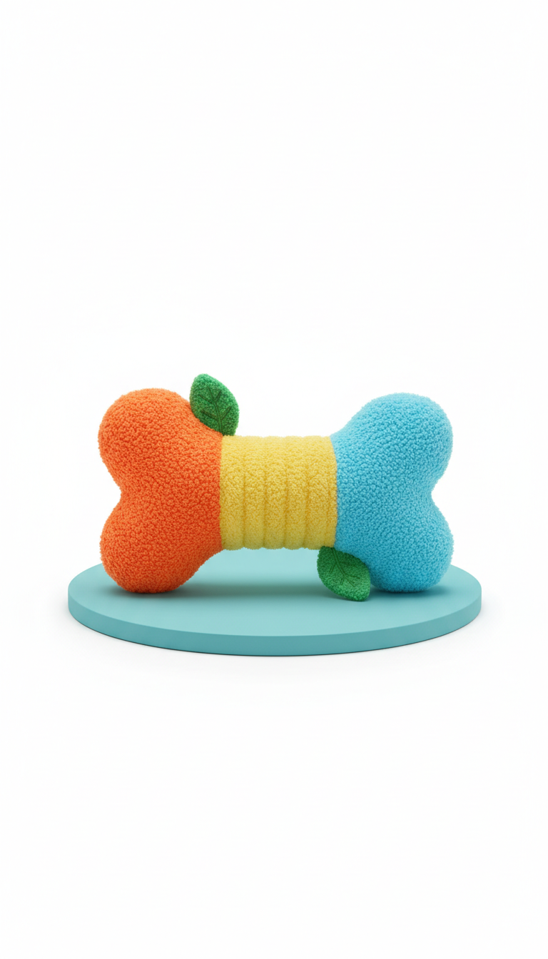 Plush dog chew toy, Default hero product angle is 3/4 view on a pure white or color-blocked platform that echoes the brand...