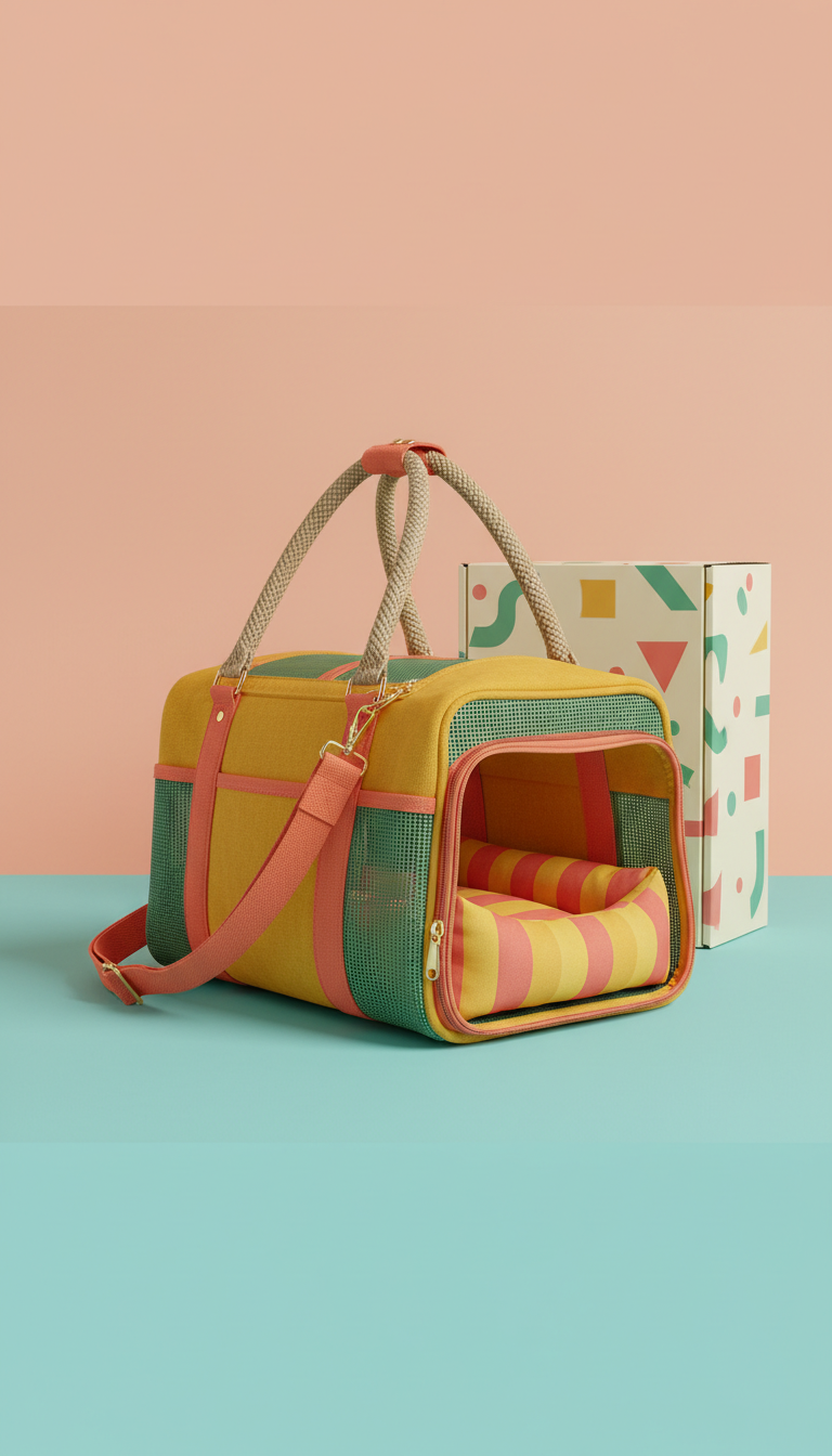 Fashionable pet carrier bag, Use a 3/4 camera angle to emphasize the stylish and functional design of the products....