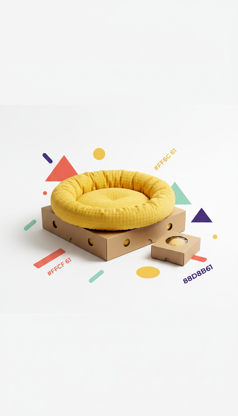 Sunny Yellow pet bed, Use a 3/4 angle to showcase product details effectively, eco-friendly packaging., perfectly centered...