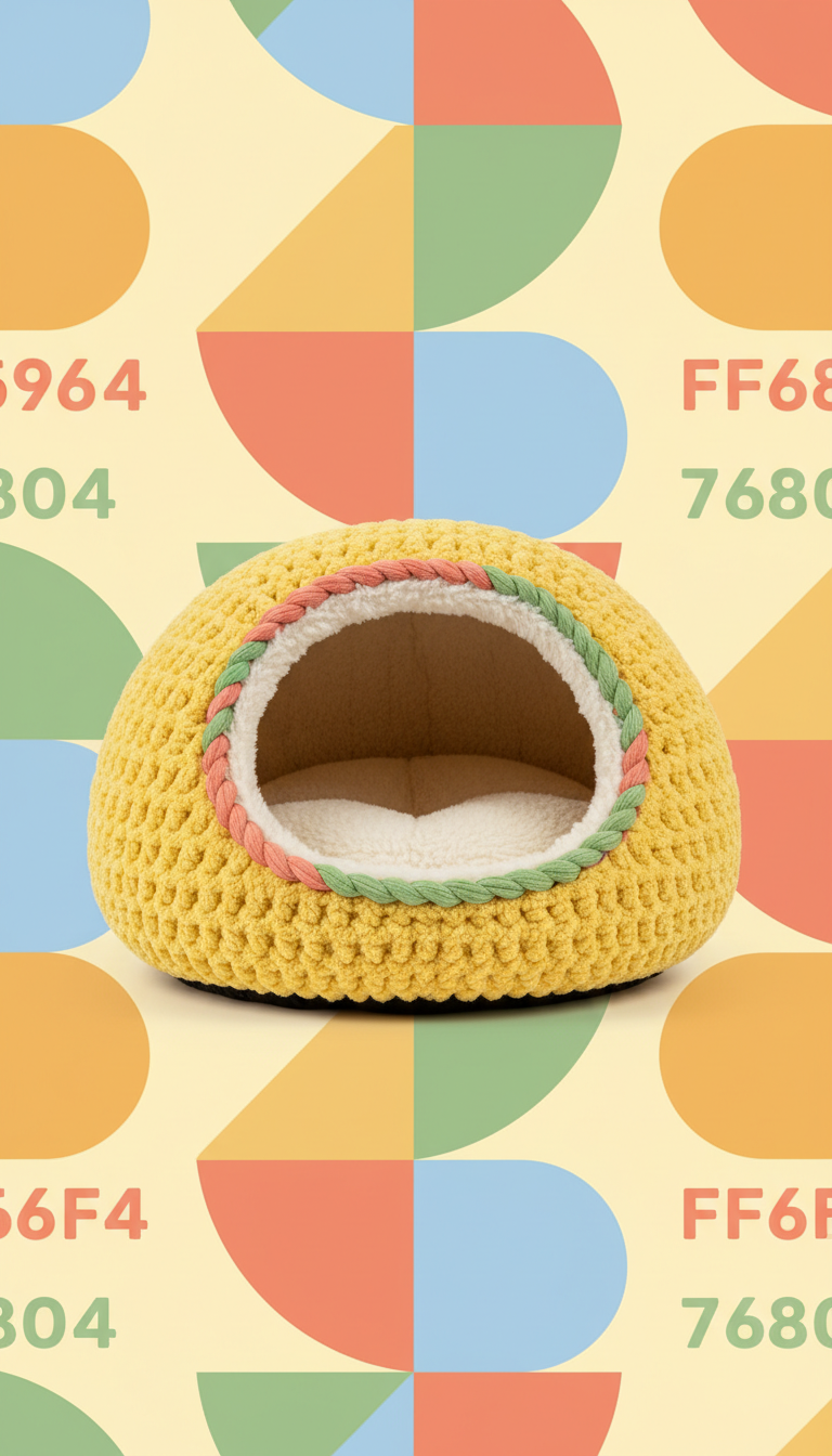 Sunny Yellow cat nest, Capture the cat nests at a 3/4 angle to show depth and detail. Use a brightly colored or patterned...