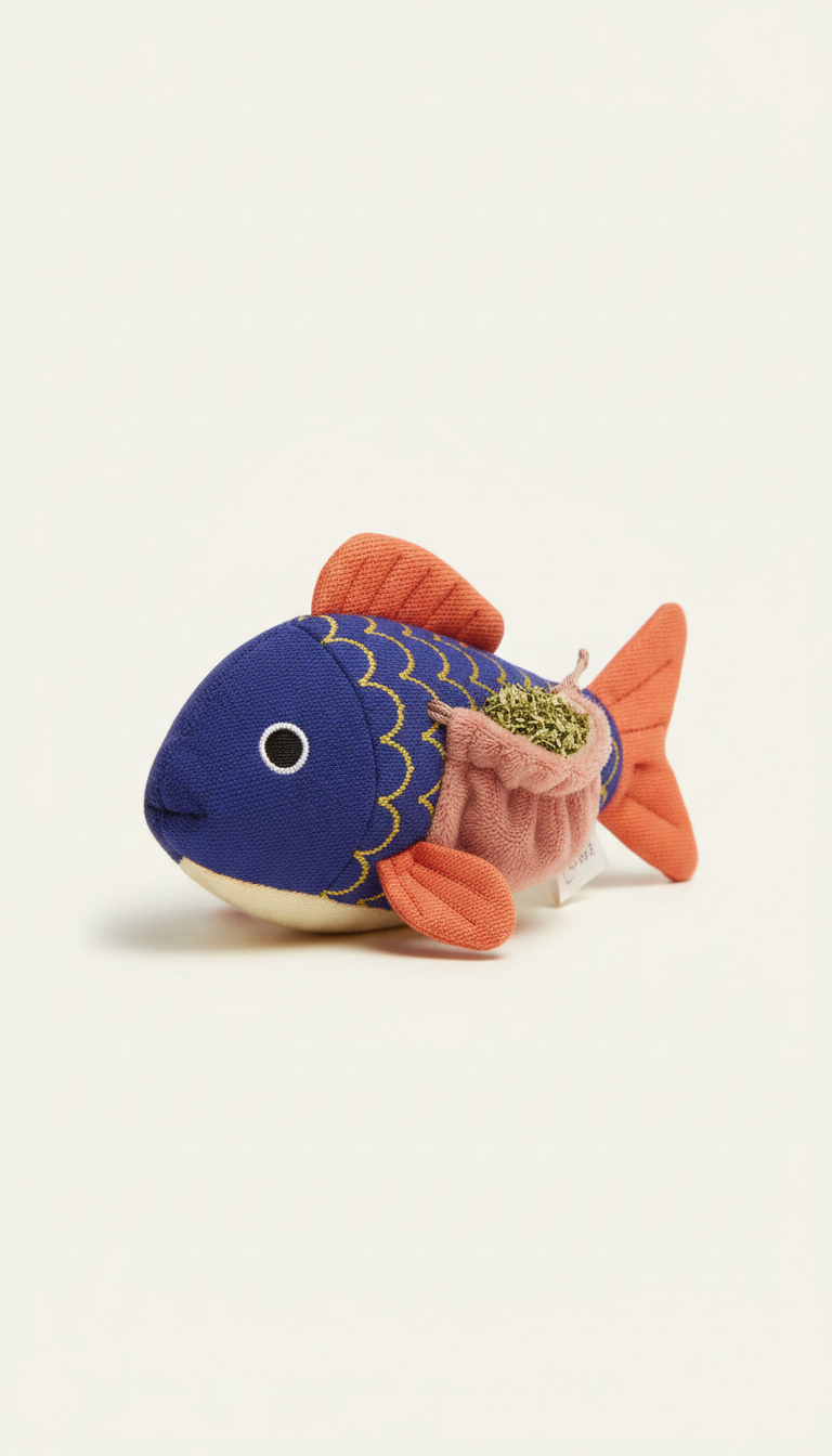 Catnip-infused plush toy, Opt for a three-quarter angle that best showcases the product's interactive features and sleek...