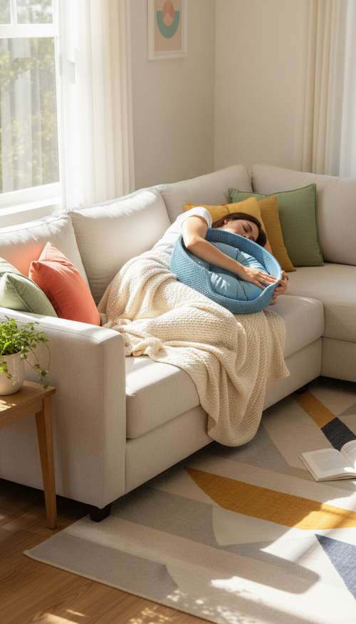 Sky Blue Breathable Fiber Pet Bed in use