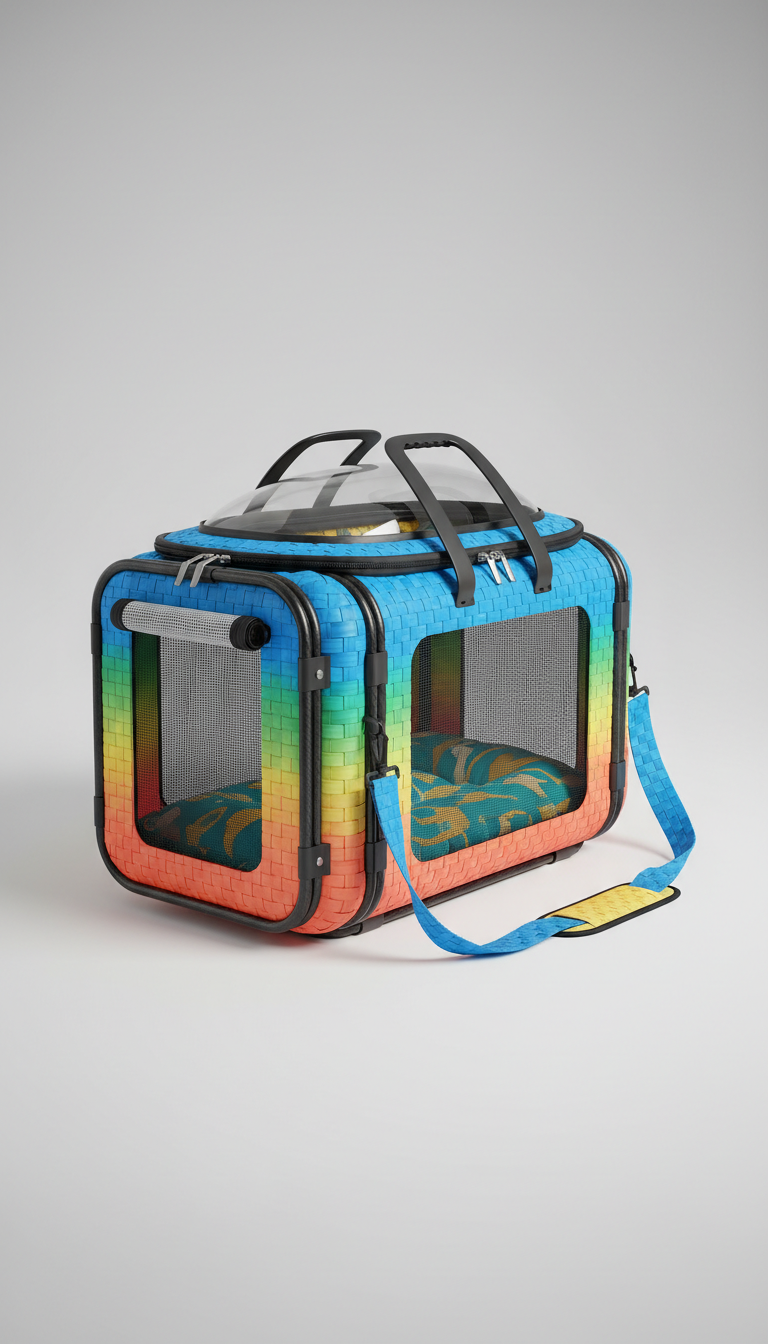 A portable pet crate in a sleek design is centered against a Soft Gray background. The lighting is soft and even,...