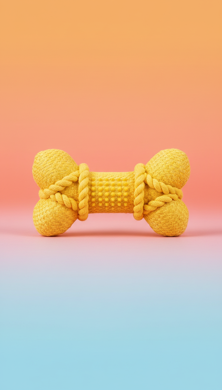 A plush dog toy in vibrant Golden Yellow, centered against a simple, colorful background that complements its shade. The...