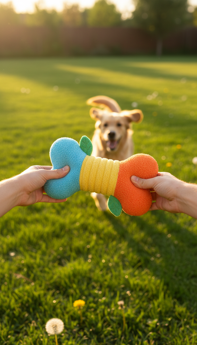 Plush dog chew toy with squeaker in use