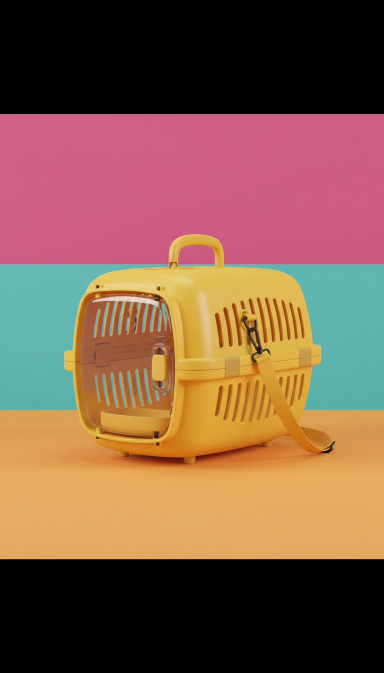 Sunshine Yellow pet carrier, use a 3/4 angle to showcase the carriers' design and functionality. Backgrounds should be...